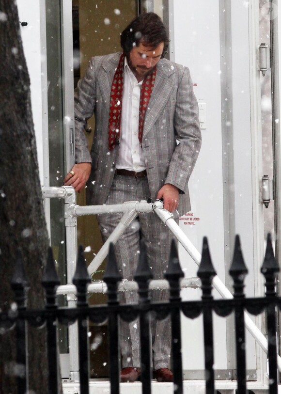 Christian Bale sur le tournage du film de David O. Russell à Boston, le 19 mars 2013.