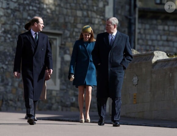Le prince Edward, la princesse Beatrice d'York et le prince Andrew lors de la messe de Pâques à Windsor le 31 mars 2013