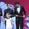 Bertrand Belinguier, Christophe Soumillon avec sa fille Charlie, David Cottin et Yves Saint-Martin lors de la 64e cérémonie des Cravaches d'Or au Théâtre des Champs-Elysées à Paris le 3 avril 2013.