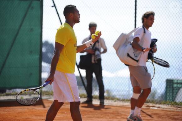 Rafael Nadal et Jo-Wilfried Tsonga à l'entraînement avant le Masters 1000 de Monte Carlo le 15 avril 2013 à Monaco