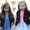 Marion et Tabitha (3 ans), filles jumelles de Sarah Jessica Parker et Matthew Broderick, se rendent à l'école avec leur maman et nounous. New York, le 26 avril 2013.