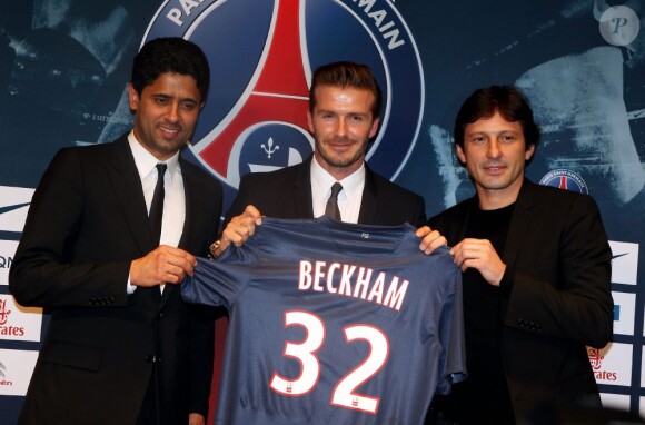 Nasser Al-Khelaifi, David Beckham et Leonardo à Paris le 31 janvier 2013.