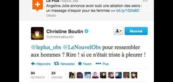 Le tweet publié par Christine Boutin, mardi 14 mai 2013, en réaction à la double mastectomie d'Angelina Jolie.