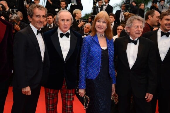 Roman Polanski, Alain Prost, Jackie Stewart, David Coulthard assurent la promotion du documentaire Weekend of a champion pendant la montée des marches du film All Is Lost au Palais des Festivals, Cannes, le 22 mai 2013.
