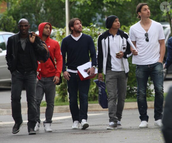 Exclusif - Zoumana Camara, Lucas, Maxwell, Thiago Silva et Zlatan Ibrahimovic à lal sortie de l'entraînement au Camp des Loges le 23 mai 2013.