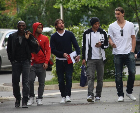 Exclusif - Zoumana Camara, Lucas, Maxwell, Thiago Silva et Zlatan Ibrahimovic à la sortie de l'entraînement au Camp des Loges le 23 mai 2013.