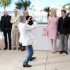 Roman Polanski, Emmanuelle Seigner et Mathieu Amalric lors du photocall du film La Vénus à la fourrure au Festival de Cannes le 25 mai 2013