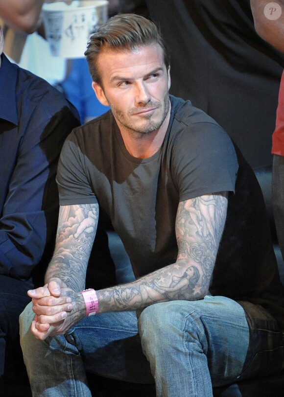 David Beckham lors du match entre le Heat de Miami et les Pacers de l'Indiana à l'Americain Airlines de Miami, le 30 mai 2013