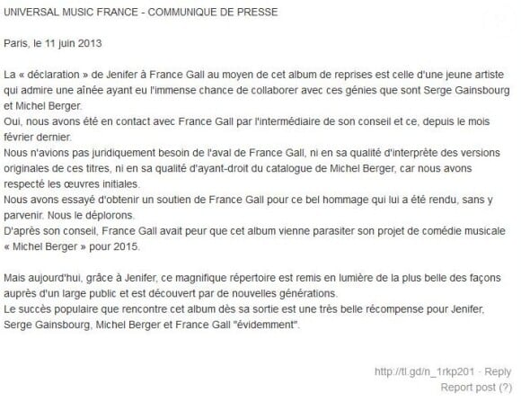 Pascal Nègre, le PDG d'Universal, a déclaré son soutien dans un communiqué de presse publié le 11 juin 2013.