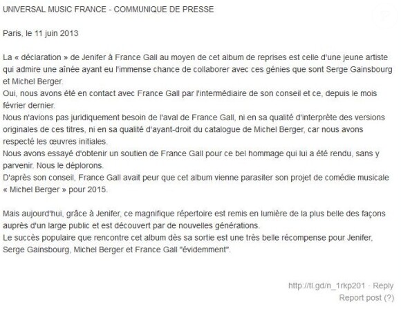 Pascal Nègre, le PDG d'Universal, a déclaré son soutien dans un communiqué de presse publié le 11 juin 2013.