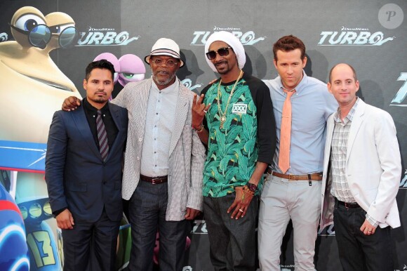 Michael Peña, Samuel L. Jackson, Snoop Lion, Ryan Reynolds et le réalisateur David Soren à la première mondiale de Turbo à Barcelone, le 25 juin 2013.