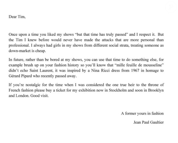 La lettre ouverte de Jean-Paul Gaultier à Tim Blanks de Style.com pour défendre Nabilla