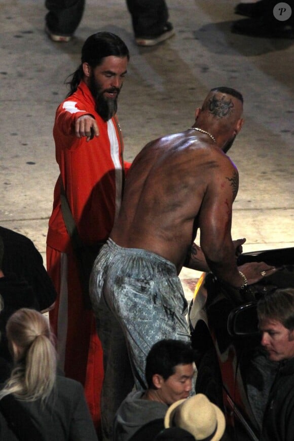 Chris Pine et Matthew Willig sur le tournage de Stretch à Hollywood, Los Angeles, le 15 juillet 2013.