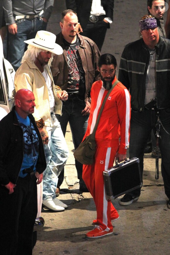 Chris Pine et Randy Couture sur le tournage de Stretch à Hollywood, Los Angeles, le 15 juillet 2013.