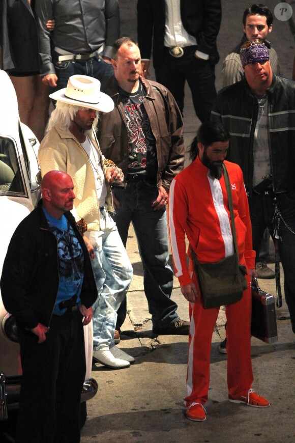 Randy Couture et Chris Pine sur le tournage de Stretch à Hollywood, Los Angeles, le 15 juillet 2013.