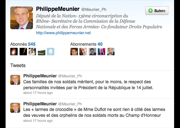 Philippe Meunier, député UMP du Rhône, n'a pas épargné Cécile Duflot après le tweet de son compagnon Xavier Cantat, le 16 juillet2013.