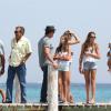Sylvester Stallone avec ses filles Sophia, Sistine et Scarlet, arrivant au club 55 à Saint-Tropez le 4 août 2013