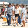 Sylvester Stallone avec sa femme Jennifer Flavin et ses filles Sophia, Sistine et Scarlet arrivent au club 55 à Saint Tropez le 4 août 2013.