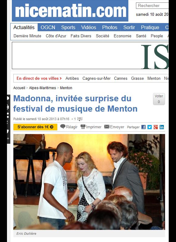 Madonna et Brahim Zaibat ont assisté à un concert de musique classique à Menton, le 9 août 2013.