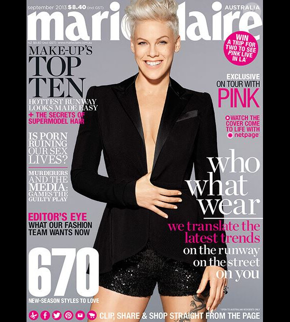 Pink en couverture de Marie-Claire, édition australienne de septembre 2013.