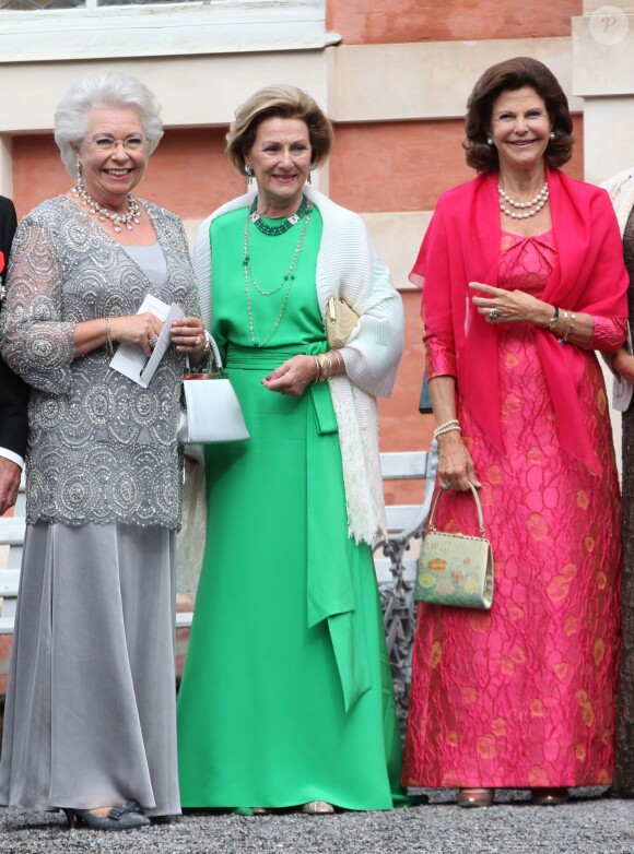 La princesse Christina de Suède, la reine Sonja de Norvège, la reine Silvia de Suède - Mariage de Gustaf Magnuson (fils de la soeur du roi Carl XVI Gustaf de Suède) et Vicky Andren au château d'Ulriksdals à Stockholm, le 31 août 2013.