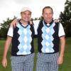 Vincent Guérin et Jean-Pierre Papin, très élégants lors de la présentation d'un nouveau sport, le footgolf, à Rueil-Malmaison le 11 septembre 2013