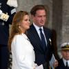 La princesse Madeleine de Suède, enceinte, et son époux Chris O'Neill au palais royal à Stockholm le 15 septembre 2013 pour le Te Deum du jubilé des 40 ans de règne du roi Carl XVI Gustaf de Suède.