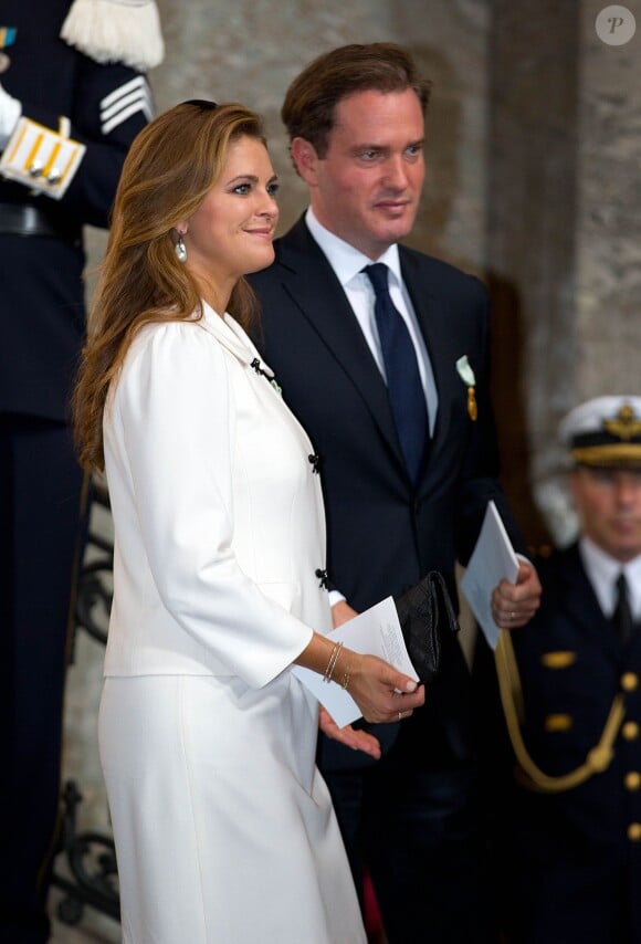 La princesse Madeleine de Suède, enceinte, et son époux Chris O'Neill au palais royal à Stockholm le 15 septembre 2013 pour le Te Deum du jubilé des 40 ans de règne du roi Carl XVI Gustaf de Suède.