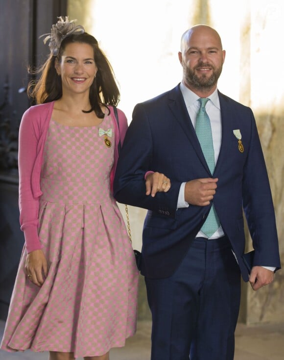 Emma Ledent et Oscar Magnuson au palais à Stockholm le 15 septembre 2013 pour le Te Deum du jubilé des 40 ans de règne du roi Carl XVI Gustaf de Suède dans la chapelle royale.