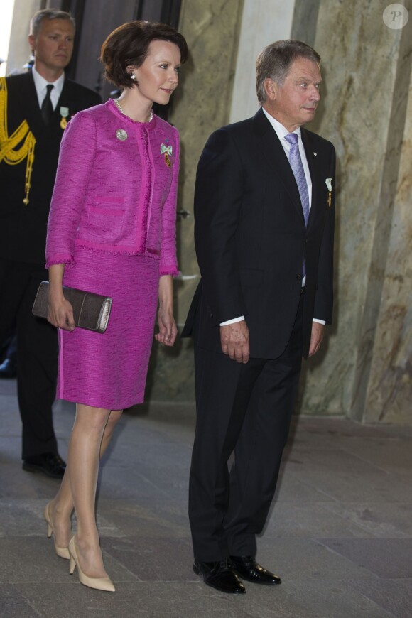 Sauli Niinisto, président de la Finlande, et sa femme Jenni Haukio, au palais à Stockholm le 15 septembre 2013 pour le Te Deum du jubilé des 40 ans de règne du roi Carl XVI Gustaf de Suède dans la chapelle royale.