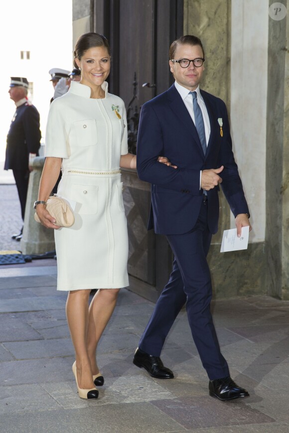 Victoria et Daniel de Suède au palais à Stockholm le 15 septembre 2013 pour le Te Deum du jubilé des 40 ans de règne du roi Carl XVI Gustaf de Suède dans la chapelle royale.