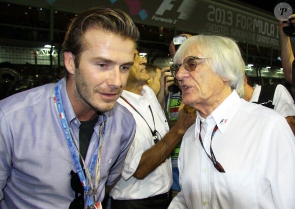 David Beckham et Bernie Ecclestone dans le paddock du Grand Prix de Singapour, le 22 septembre 2013