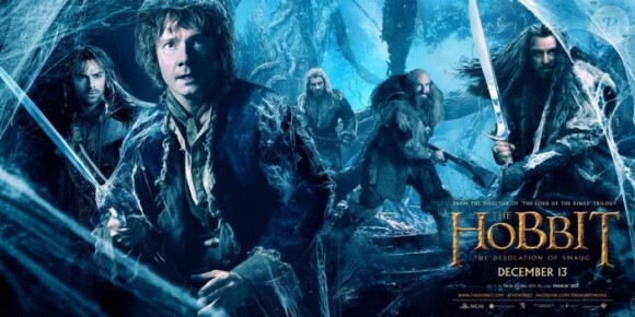 Bilbon et les Nains dans une bannière du film Le Hobbit : La Désolation de Smaug.