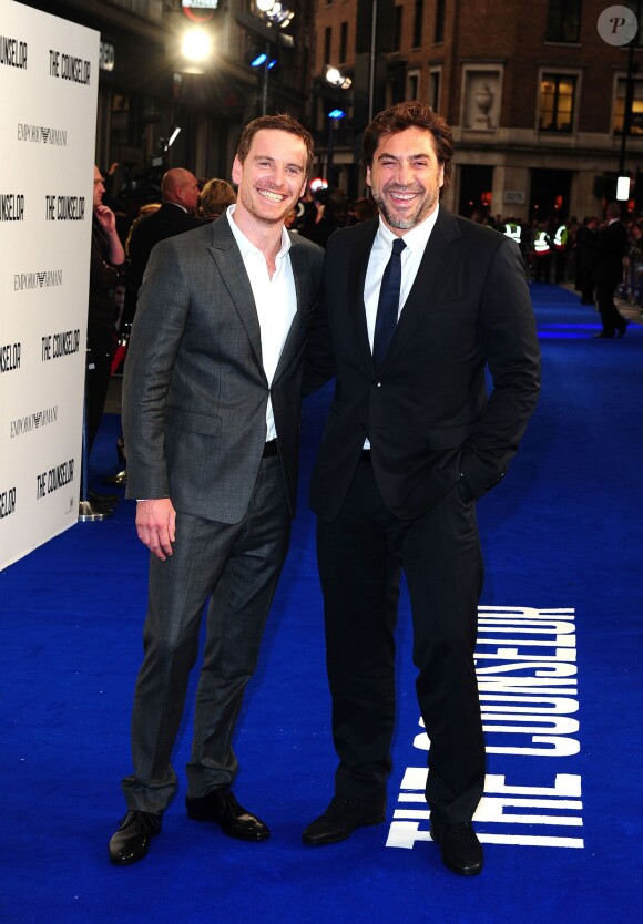 Michael Fassbender et Javier Bardem lors de l'avant-première du film Cartel (The Counselor) à Londres le 3 octobre 2013