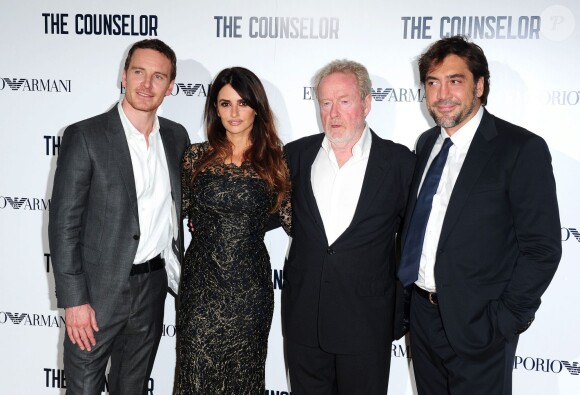 Michael Fassbender, Penélope Cruz, Ridley Scott et Javier Bardem lors de l'avant-première du film Cartel (The Counselor) à Londres le 3 octobre 2013