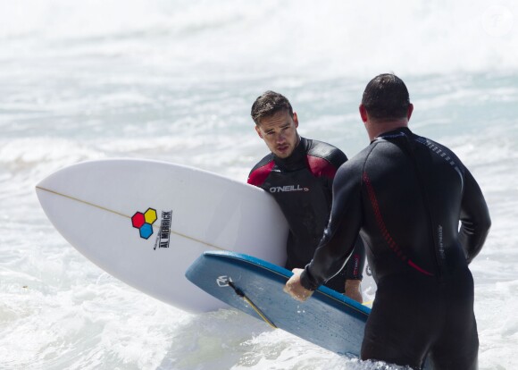 Liam Payne et Louis Tomlinson du groupe One Direction apprennent à faire du surf sur une plage de Sydney, le 7 octobre 2013.