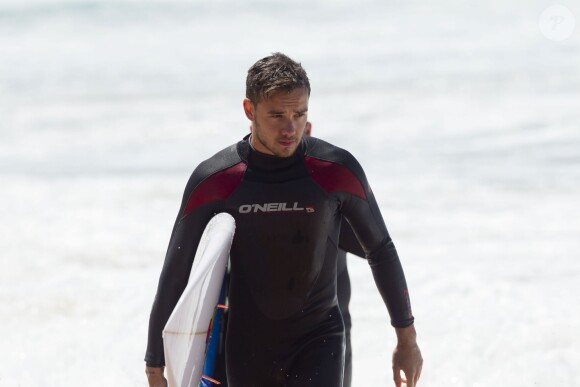 Liam Payne et Louis Tomlinson du groupe One Direction apprennent à faire du surf sur une plage de Sydney, le 7 octobre 2013.