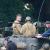 Brad Pitt et Shia LaBeouf sur le tournage du film Fury dans la campagne anglaise près de Londres, le 4 octobre 2013.