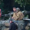 Brad Pitt et Shia LaBeouf sur le tournage du film Fury dans la campagne anglaise près de Londres, le 4 octobre 2013.