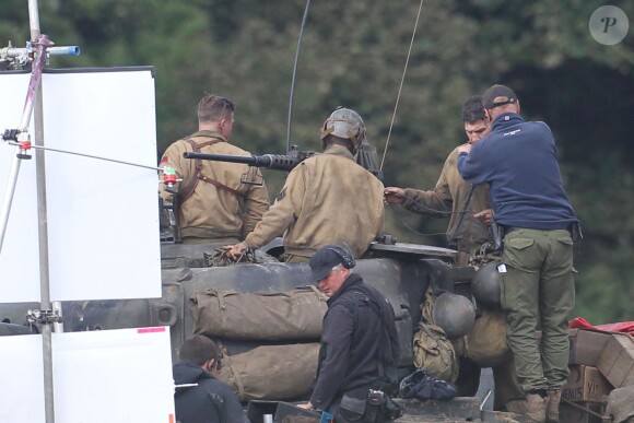 Brad Pitt sur le tournage de "Fury" au Royaume-Uni le 4 octobre 2013. 