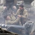 Brad Pitt et Shia Labeouf sur le tournage du film "Fury" en Angleterre le 30 septembre 2013