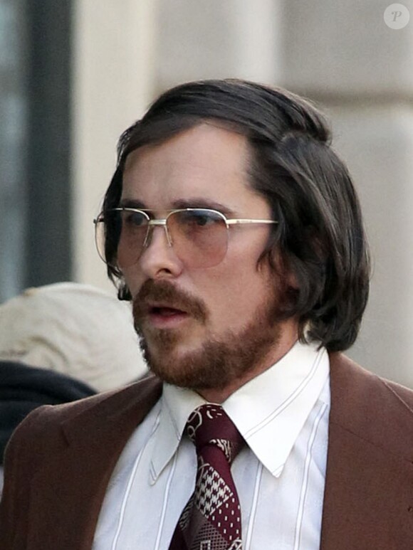 Exclusif - Christian Bale sur le tournage d'American Hustle à Boston, le 22 mars 2013