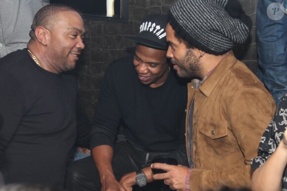 Exclusif - Timbaland, Jay Z et Lenny Kravitz en pleine discussion au Club 79. Paris, le 18 octobre 2013.