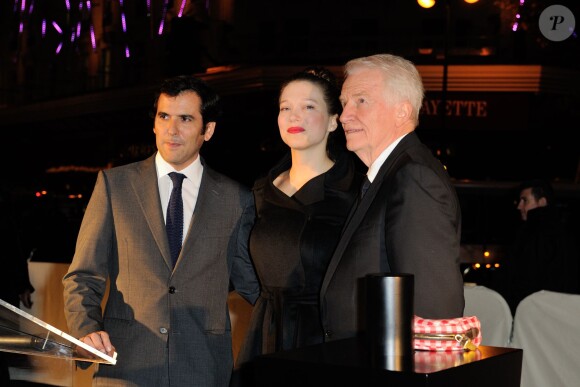 Nicolas Houze, Léa Seydoux et André Dussollier aux illuminations de Noël des Galeries Lafayette à Paris, le 6 novembre 2013.