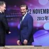 David Beckham, honoré par le Venetian Macao Resort Hotel, y dépose l'empreinte de ses mains. La petite cérémonie a été suivie d'une conférence de presse. Macao, le 22 novembre 2013.