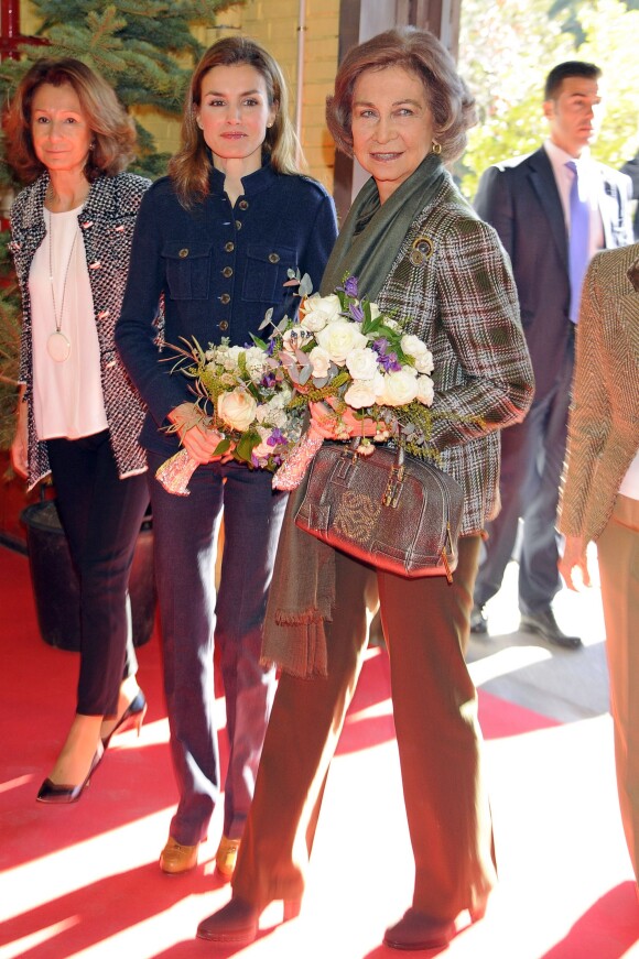 La princesse Letizia d'Espagne et la reine Sofia d'Espagne en visite ensemble au marché de Noël solidaire de l'association Nuevo Futuro, le 29 novembre 2013 à la Casa de Campo, à Madrid.