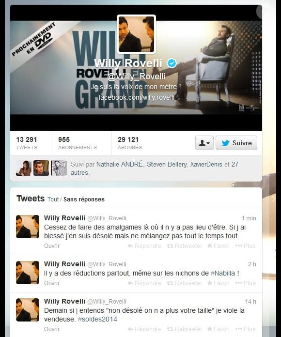 Willy Rovelli a posté un message polémique sur le viol, sur Twitter, le 7 janvier 2014.