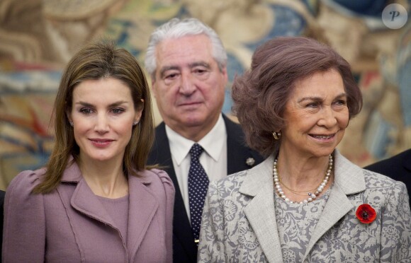 Letizia et Sofia d'Espagne présidaient le 14 janvier 2014 la remise des décorations 2012 dans l'Ordre civil de la solidarité sociale, au palais de la Zarzuela, à Madrid