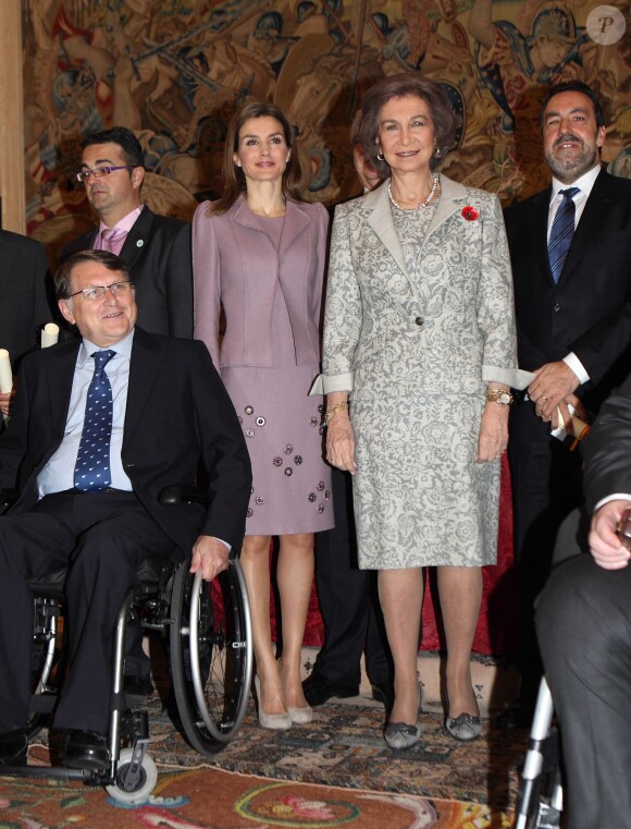 Letizia et Sofia d'Espagne présidaient le 14 janvier 2014 la cérémonie de remise des décorations 2012 dans l'Ordre civil de la solidarité sociale, au palais de la Zarzuela, à Madrid