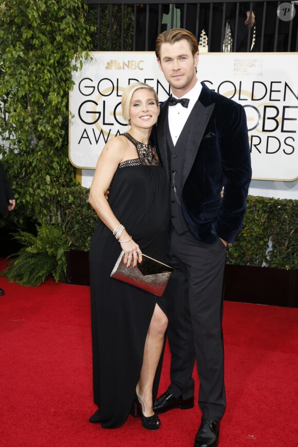 Chris Hemsworth et Elsa Pataky enceinte (et habillée en Paule Ka) lors de la 71e cérémonie des Golden Globe Awards à Beverly Hills le 12 janvier 2014.